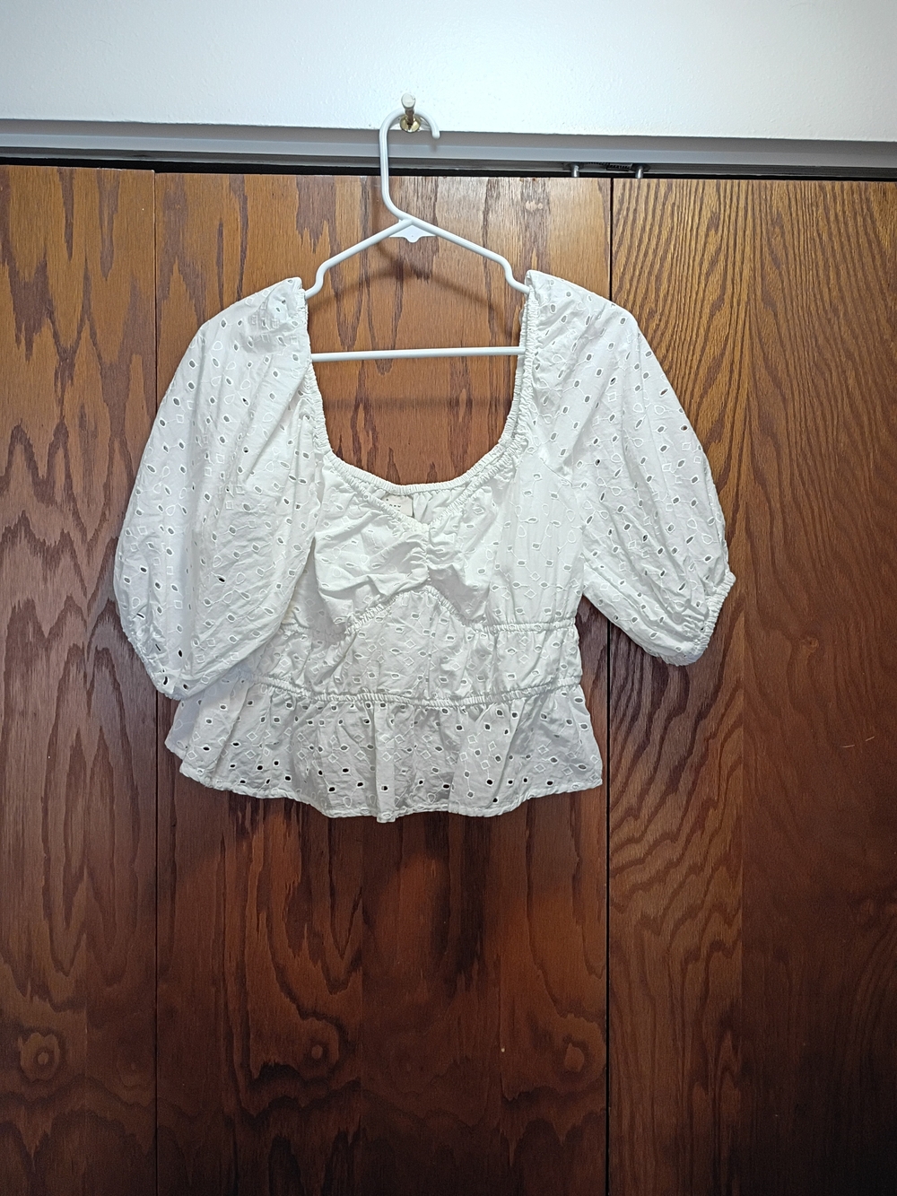 A New Day White Eyelet Puff-Sleeve Peplum Crop Top